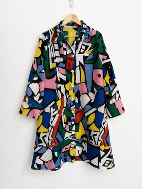 Vintage Abstract Pop Art Micropleated Dress - Size XL